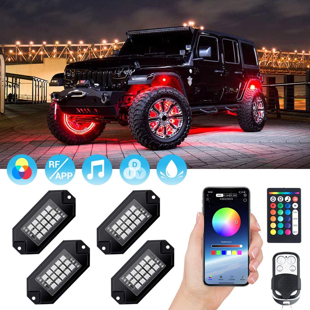 RGB LED Rock Lights 60 LEDs Multicolor Underglow Neon Lights Waterproof Aluminum Light Kit with RF/APP Control Music Mode Timing Function for Truck Jeep Off Road Car UTV ATV SUV 4 Packs