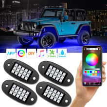 DC 12V AMBOTHER RGB LED Rock Lights with APP RF Control 4 Pods Multicolor Neon Underglow Waterproof Music Lighting Kit for Jeep Off Road Truck Car ATV SUV Motorcycle 